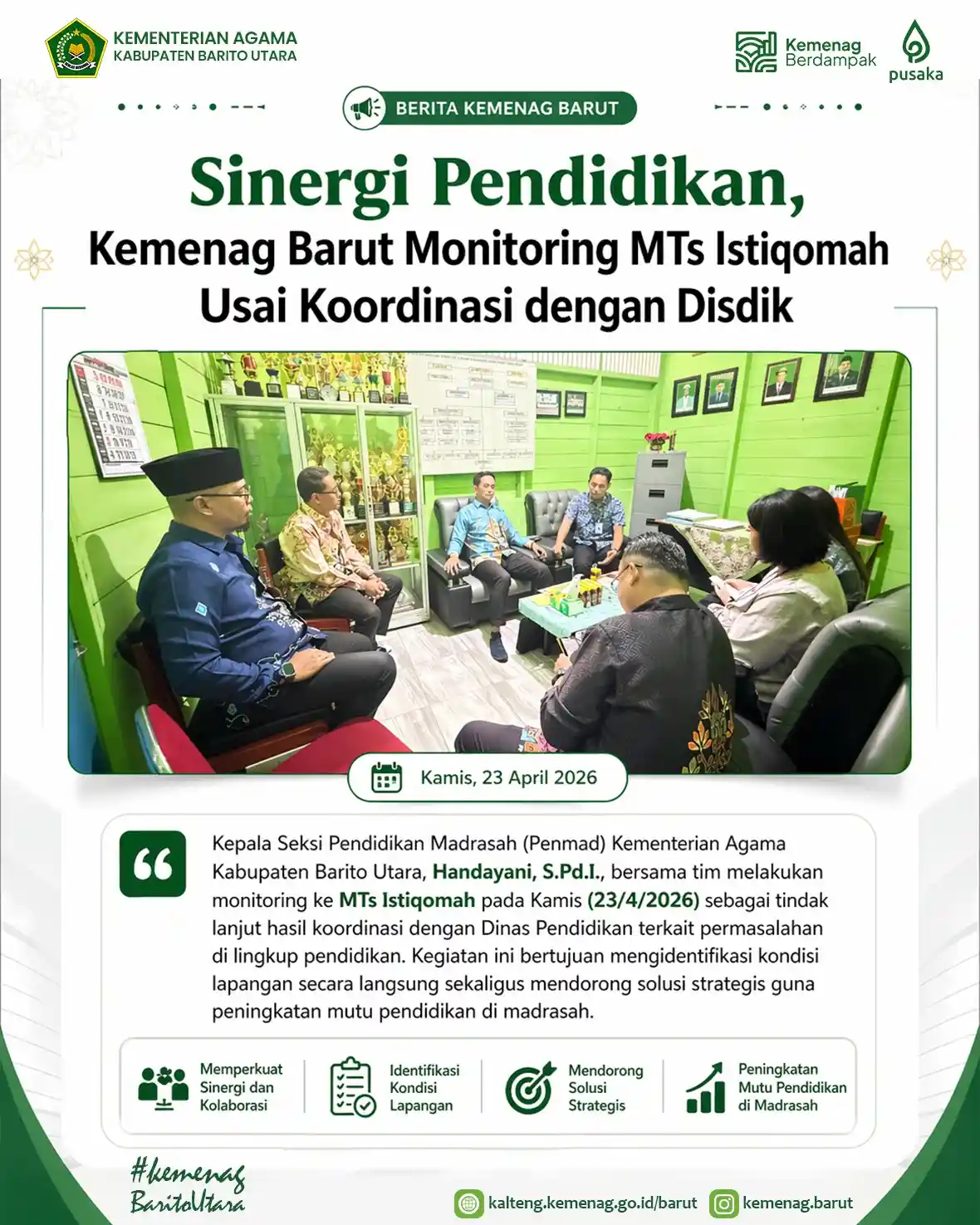 Sinergi Pendidikan, Kemenag Barut Monitoring MTs Istiqomah Usai Koordinasi dengan Disdik